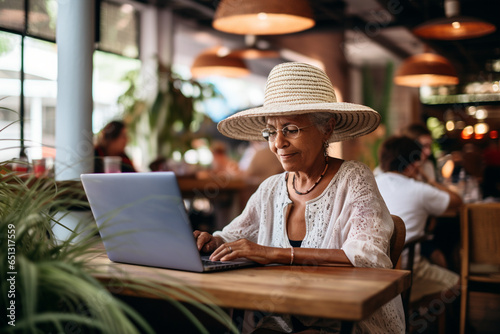 Mature latina women in straw hat wrighting on laptop in cafe