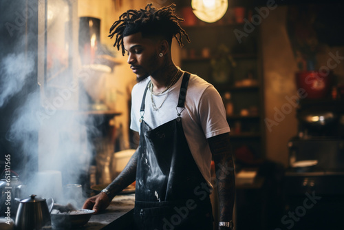 Handsome young tattooed black barista making coffee