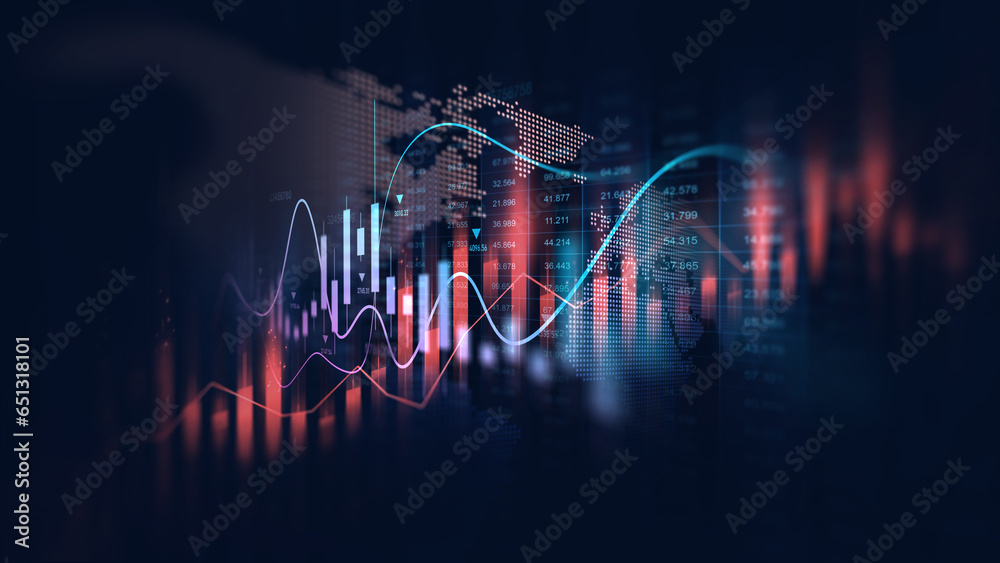 Stock market investment data and analysis finance graph. Business financial chart with moving up arrow graph.  - obrazy, fototapety, plakaty 