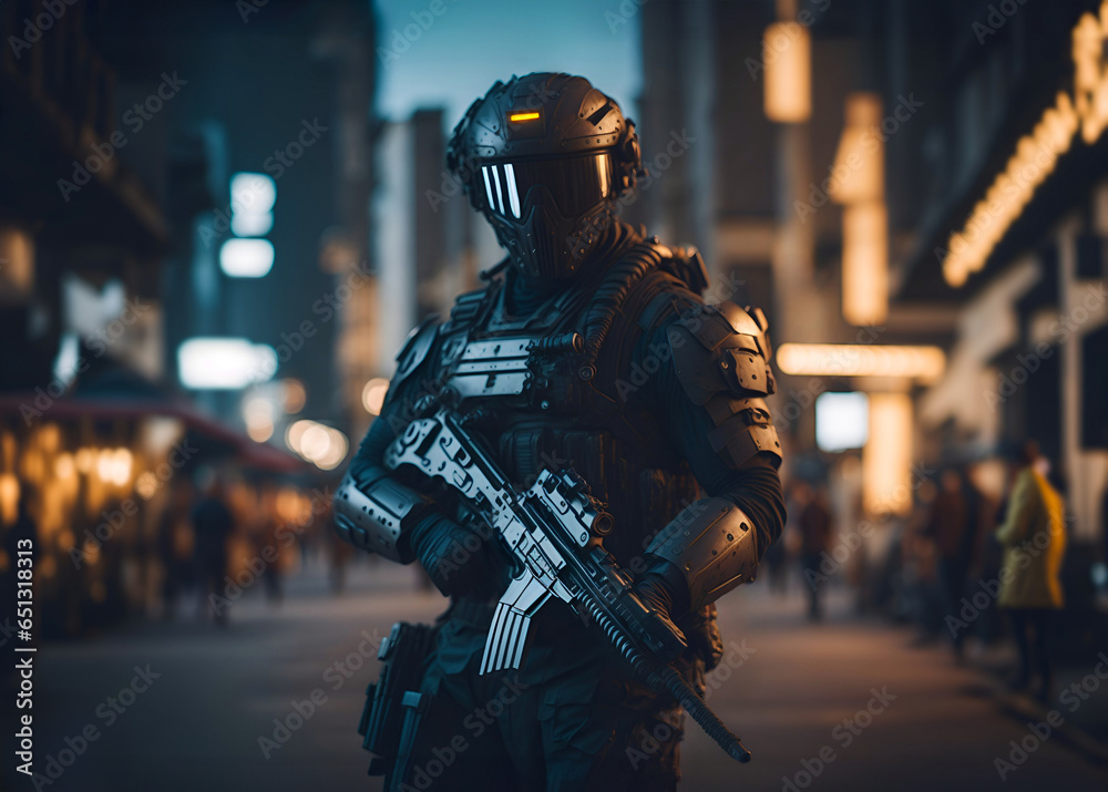 High-tech future soldier in heavy armor patrolling city streets High-tech future soldier in heavy armor patrolling city streets