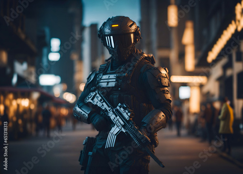 High-tech future soldier in heavy armor patrolling city streets