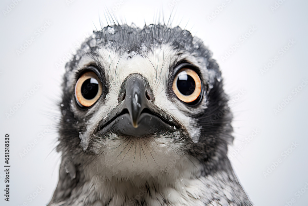 baby penguin portrait over a white seamless background