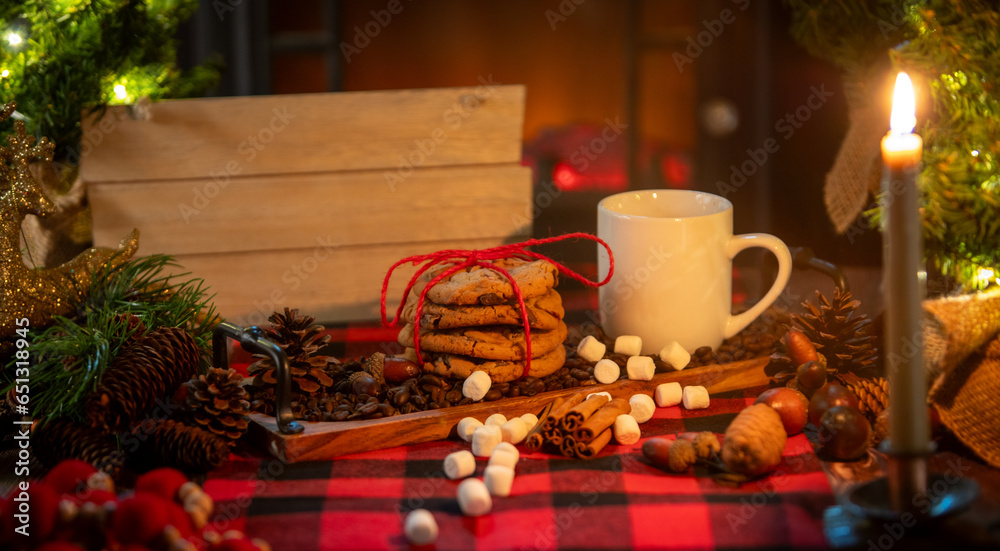 Christmas-themed Table Scene with Cookies and Space for Text. 