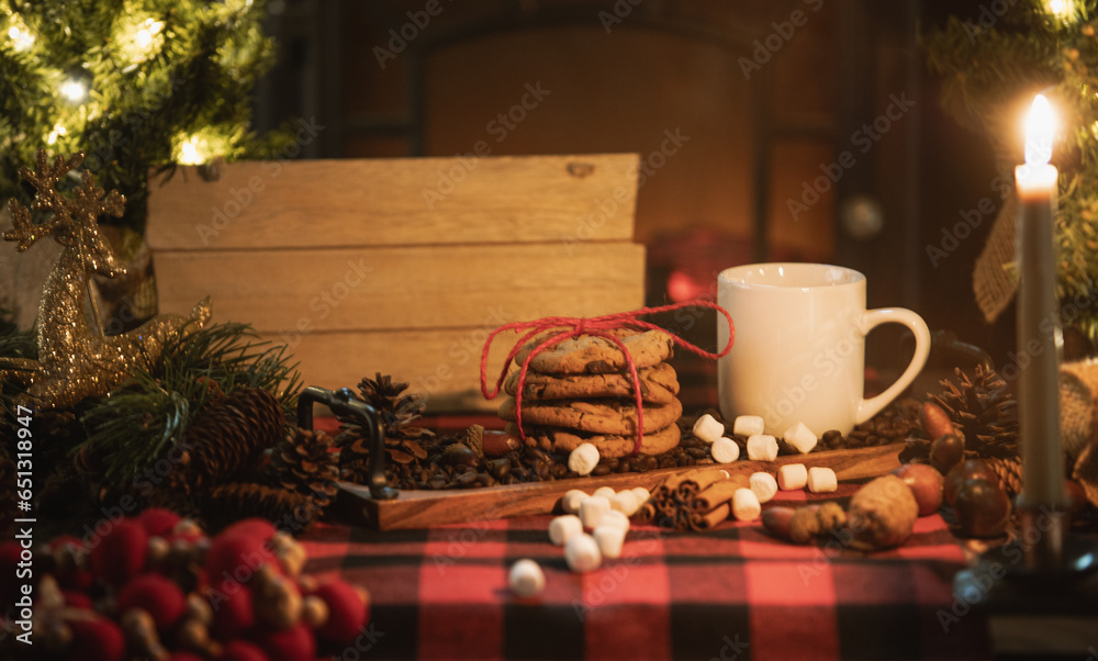 Christmas-themed Table Scene with Cookies and Space for Text. Christmas-themed Table Scene with Cookies and Space for Text.