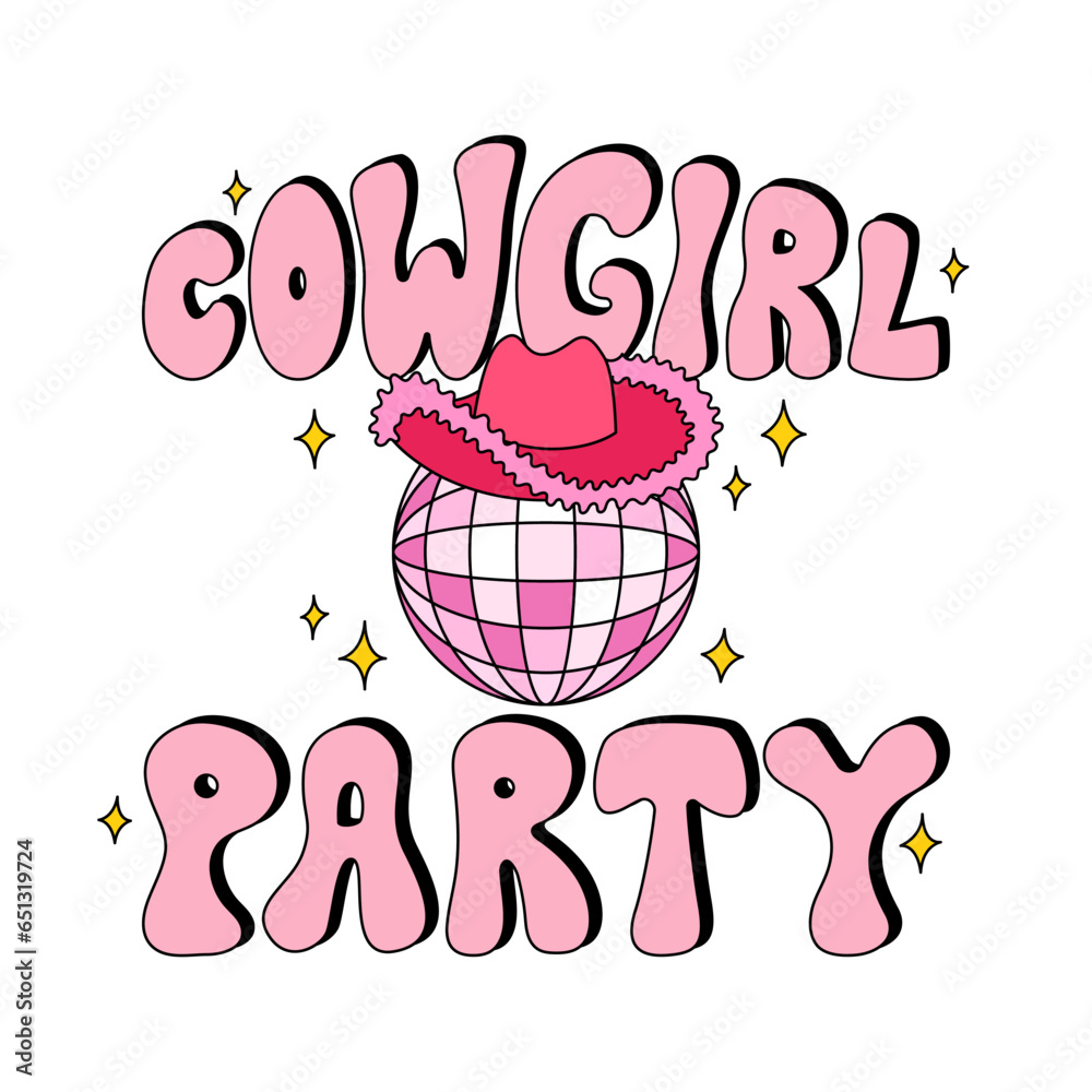 Obraz premium Cowgirl party groovy lettering and disco ball with cowboy hat. Vector illustration on isolated background. Disco party concept. Perfect for t-shirts, postcards, posters, etc