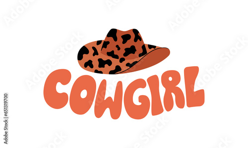 Cowgirl lettering and cowboy hat on isolated background. Vector flat illustration in retro groovy style