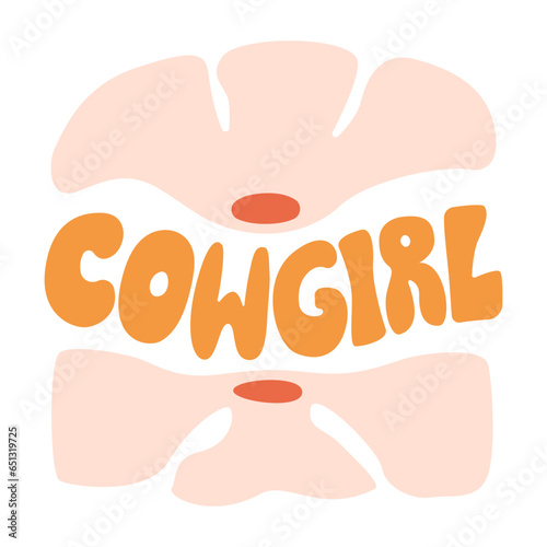 Poster with groovy lettering cowgirl and abstract flower. Vector flat illustration in hippie style