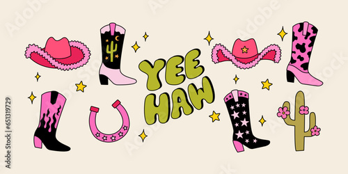 Set of cute cowboy accessories, cactuse and lettering yeehaw. Vector illustration in retro groovy style. Pink cowgirl party concept photo