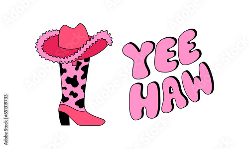 Cowgirl hat and boot with groovy lettering yeehaw. Vector illustration on isolated background