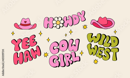 Set of western lettering quotes in retro groovy style. Vector illustration of cowboy hats and text. Howdy, yeehaw, cowgirl and wild west inscriptions