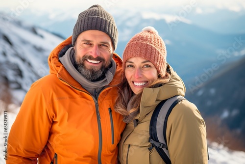 Caucasian couple enjoying winter holidays in the mountains