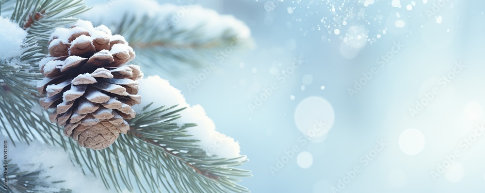 Christmas snowy winter holiday celebration greeting card - Closeup of oine branch with pine cones and snow, defocused blurred background with blue sky and bokeh lights and snowflakes | Generative AI - obrazy, fototapety, plakaty 