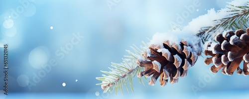Christmas snowy winter holiday celebration greeting card - Closeup of oine branch with pine cones and snow, defocused blurred background with blue sky and bokeh lights and snowflakes   Generative AI © Kay