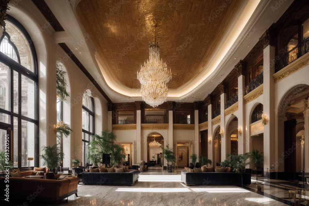 Step into a world of luxury and sophistication with this lavish lobby, adorned with plush velvet furnishings, intricate gold detailing