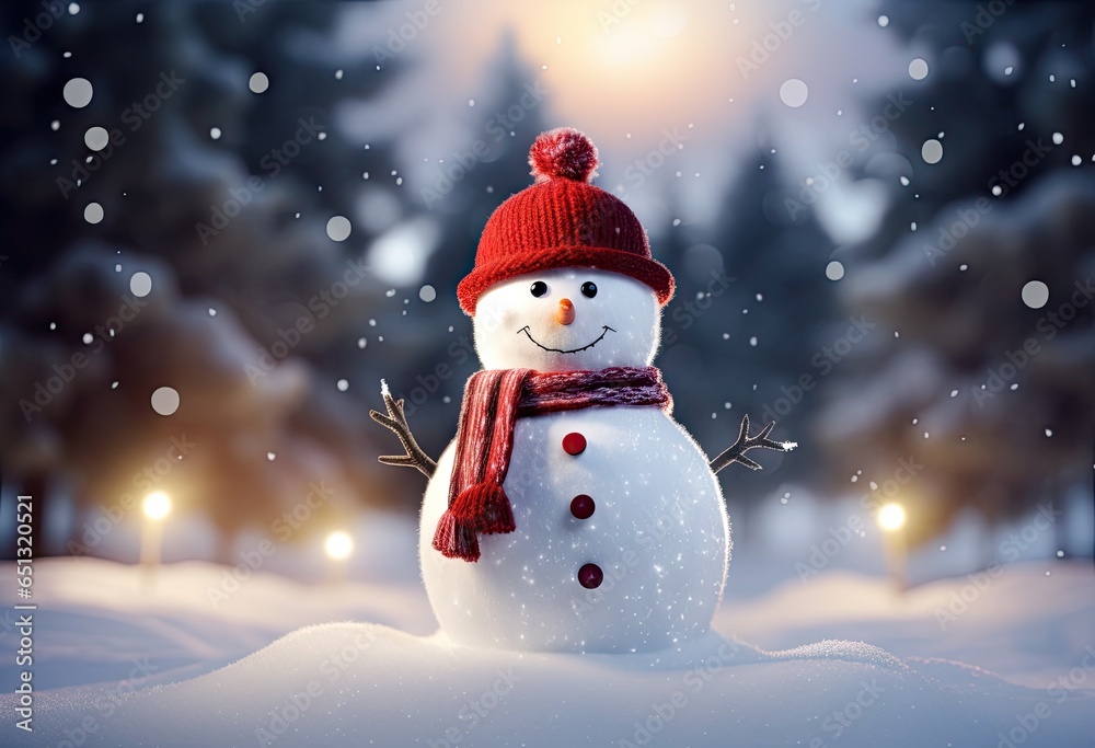 a snowman wearing a santa hat out in the snow Generative AI