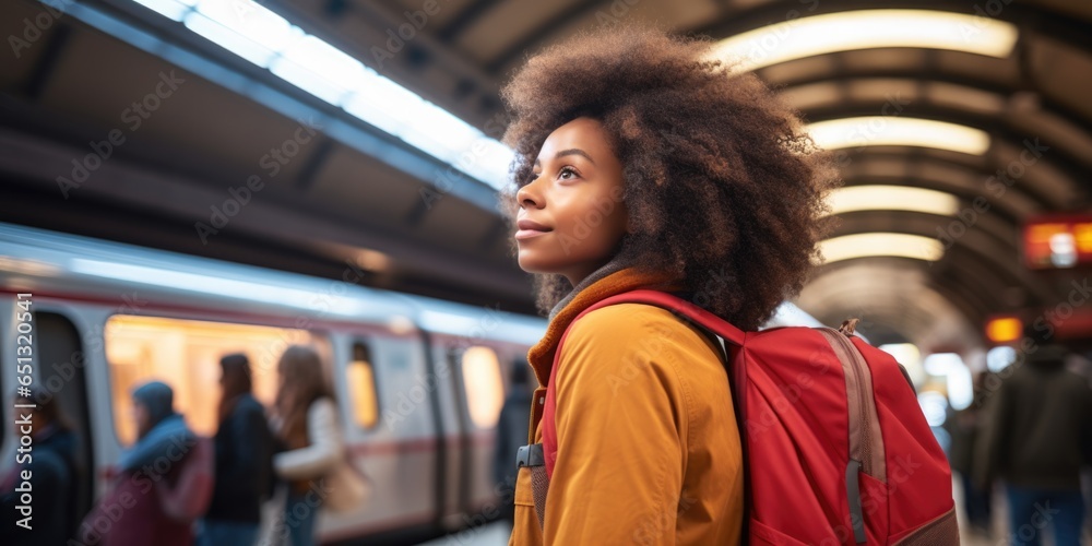 Back view portrait of young african american young woman with backpack waiting the train in metro, generative ai Back view portrait of young african american young woman with backpack waiting the train in metro, generative ai
