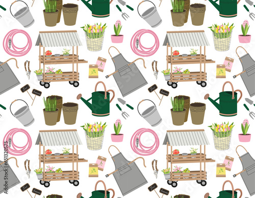 Seamless pattern with gardening tools. Repeating design element for printing on fabric. Colorful watering cans, shovel and flowerpots with plants in soil. Cartoon flat vector illustration