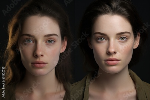 A visual depiction of a woman's transformation before and after applying makeup. This image can be used to showcase the power of makeup in enhancing one's appearance.