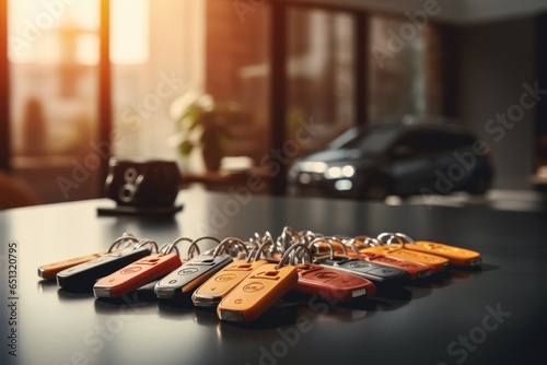A row of keys sitting on top of a table. Suitable for concepts related to security, home, and organization.