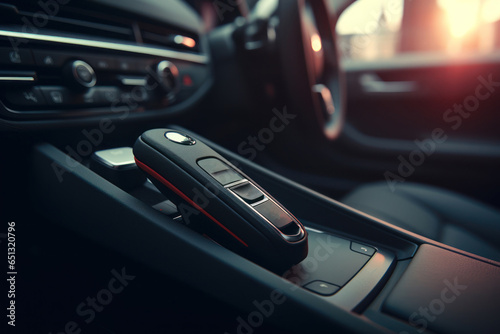 A detailed close-up image of a remote control used for a car. This picture can be used to illustrate car technology or to showcase the convenience of remote car control.