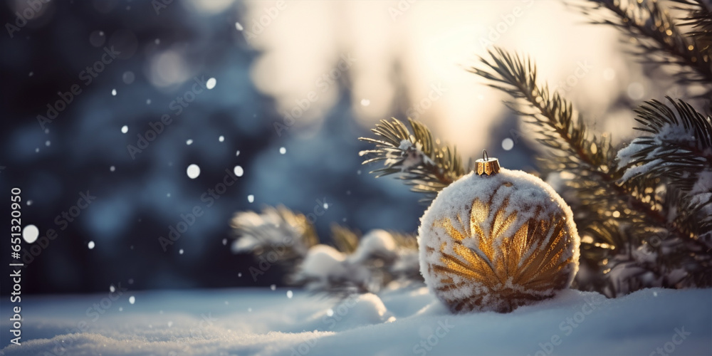Christmas Tree and Golden Christmas Ball in snowy winter forest.  Beautiful Background for Christmas and New Year Greeting card, banner, postcard, invitation