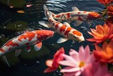 A group of koi fish swimming peacefully in a pond. Ideal for nature-themed designs and water-related projects.