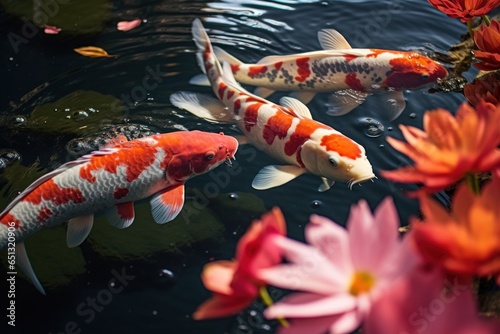 A group of koi fish swimming peacefully in a pond. Ideal for nature-themed designs and water-related projects.