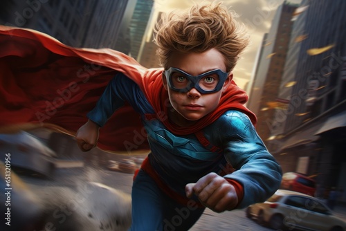 A young boy dressed as a superhero is captured in mid-air, soaring through the sky. This image can be used to depict courage, determination, and the power of imagination. © Fotograf