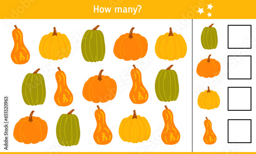 How many pumpkins? Educational game for children. Autumn vector illustration