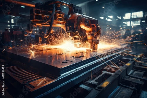 A machine cutting metal with sparks in a factory. This image can be used to showcase industrial manufacturing processes and the use of heavy machinery.