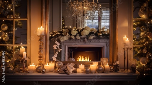  a fireplace with candles and a mirror in front of it. generative ai