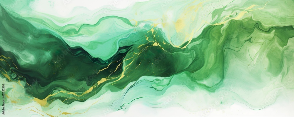 Abstract marble marbled ink painted painting texture luxury background banner - Green waves swirls gold painted splashes | Generative AI