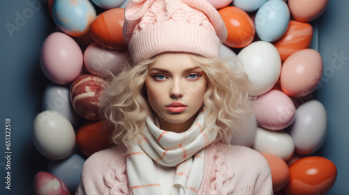 Close-up portrait of a young beautiful girl with a hat on her head, bright and vivid colors, a beautiful portrait of sharp features and elegant makeup. Easter egg background.
