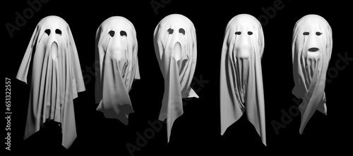 Set of black and white spooky scary Halloween ghosts. 3D render illustration.