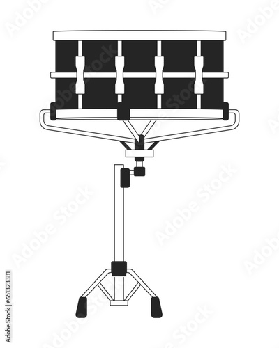 Snare drum black and white 2D line cartoon object. Musical percussion instrument solo isolated vector outline item. Side drum. Drumming hardware. Part of drum set monochromatic flat spot illustration