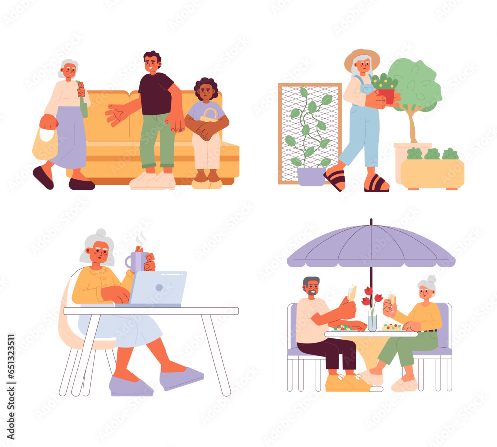 Senior lifestyle cartoon flat illustration set. Retiree adults 2D characters isolated on white background. Public transport etiquette. Elderly activities, hobbies scene vector color image collection Senior lifestyle cartoon flat illustration set. Retiree adults 2D characters isolated on white background. Public transport etiquette. Elderly activities, hobbies scene vector color image collection