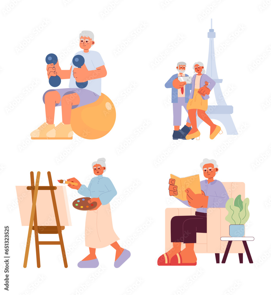 Retirement hobbies cartoon flat illustration set. Active lifestyle retiree pensioners 2D characters isolated on white background. Senior leisure activities scene vector color image collection