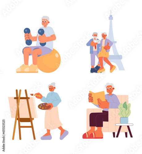 Retirement hobbies cartoon flat illustration set. Active lifestyle retiree pensioners 2D characters isolated on white background. Senior leisure activities scene vector color image collection © The img