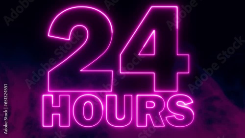 24 Hours neon sign text font with light. Luminous and shimmering haze inside the letters of the text 24 Hours.  photo