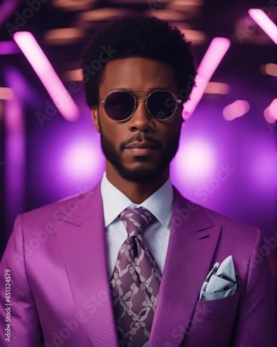 Portrait of an African American businessman dressed in trendy clothes in violet colors against soft blurred background. Stylish image of a modern man. The image of everyday urban clothing.