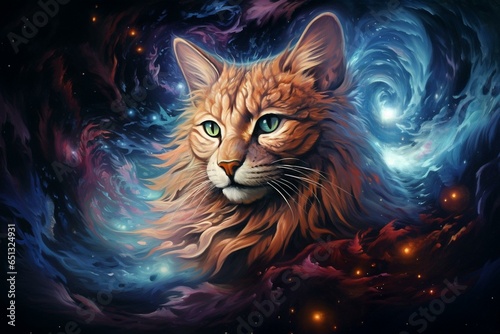 Stunning cosmic artwork of swirling galaxies and shining nebulae depicting a space bobcat. Generative AI