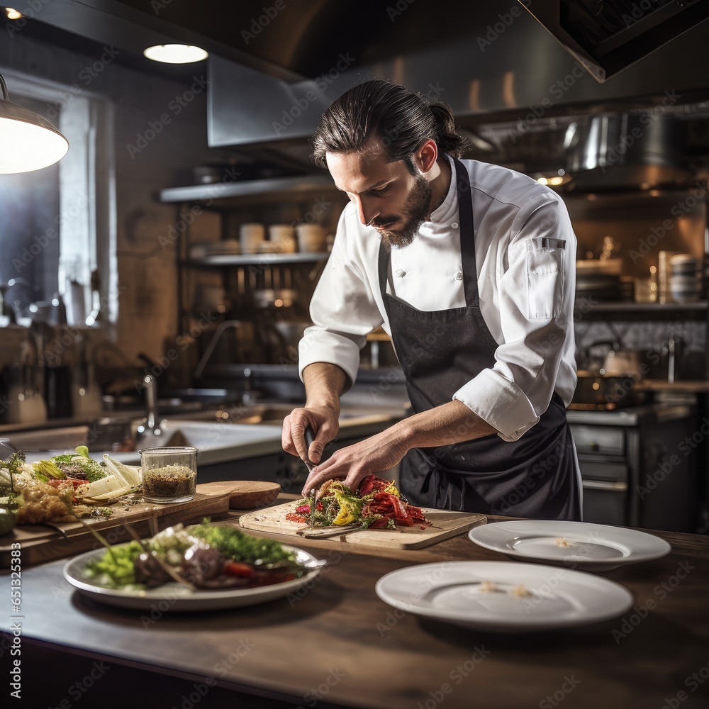 Chef Standing in a Restaurant Kitchen, Preparing Food on a Plate