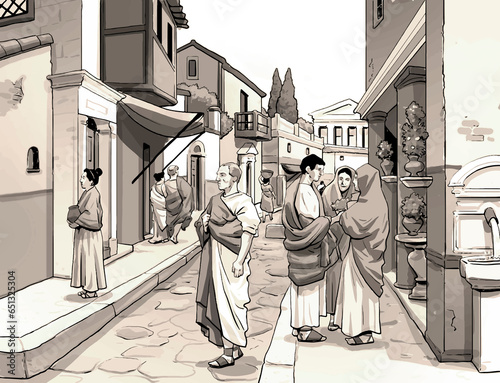 Illustration village street in the roman empire.People in ancient rome. Daily life. Comic style.