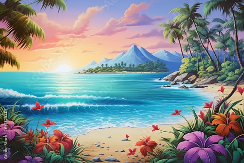 Colorful backdrop showcasing a hand-painted scene of a paradise beach. Generative AI