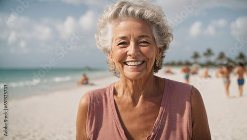 Bella signora pensionata sorridente su una spiaggia di un mare tropicale photo