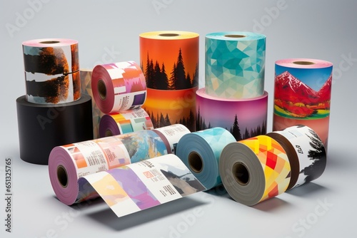 Variety of thermal labels in various shapes and colors designed for direct printing. Generative AI
