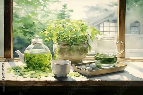 Japanese tea watercolor painting. Generative AI
