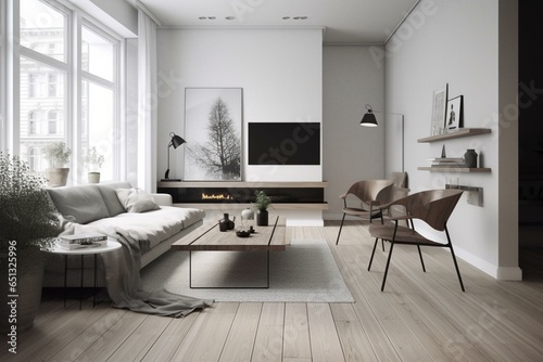 Minimalist living room design with a modern Scandinavian interior. Generative AI