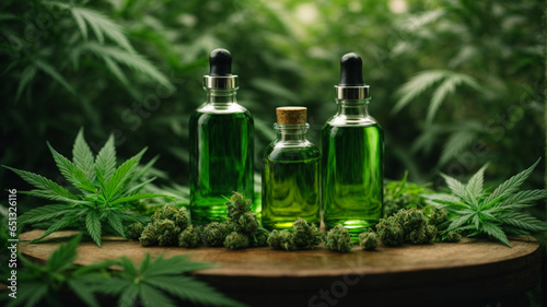  mockup of unlabeled products, medical cannabis oil, different bottles with dropper, background with marijuana plants, space for text