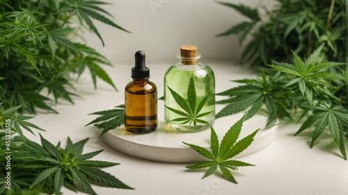  mockup of unlabeled products, medical cannabis oil, different bottles with dropper, white background with marijuana plants, space for text © anandart
